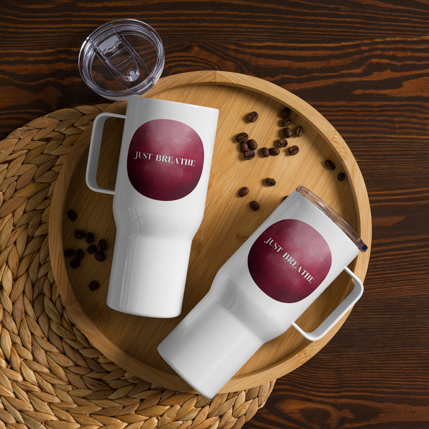 Just Breathe - burgundy Travel mug with a handle