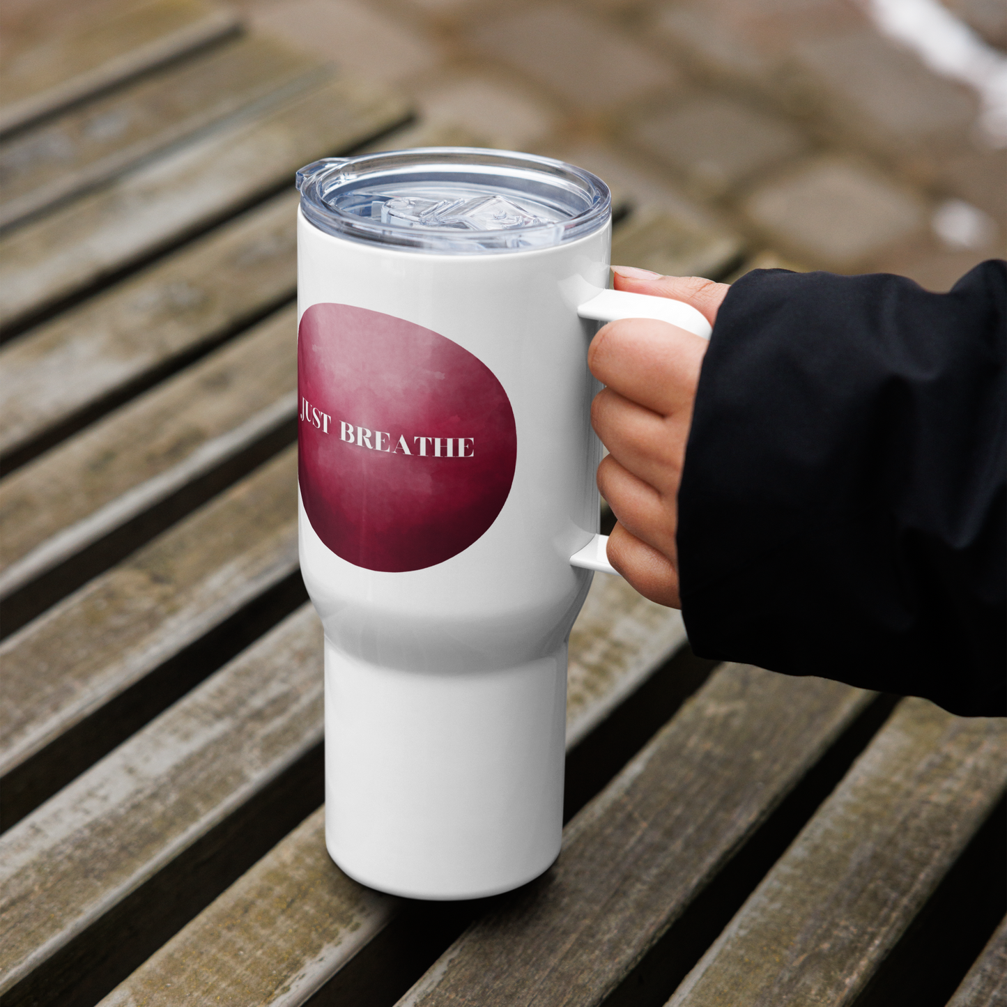 Just Breathe - burgundy Travel mug with a handle